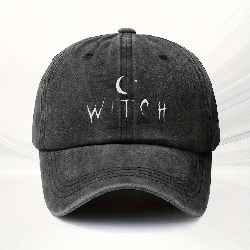 Gothic Witch Baseball Cap, Unisex Adjustable Washed Cotton Cap with Witch Crescent Moon Print for Halloween Themed Events