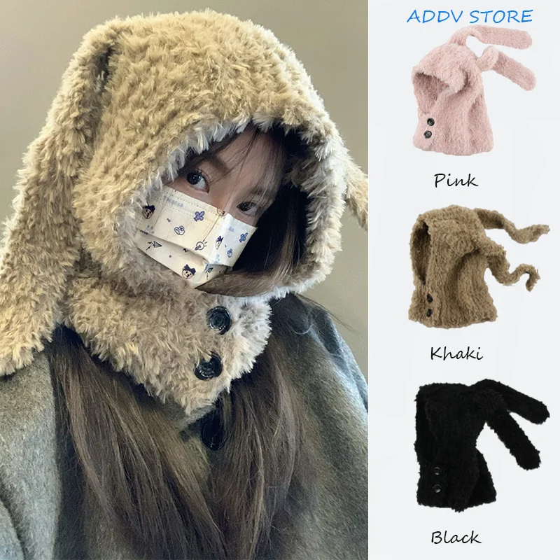 Y2K Style Cute Plush Long Ear Rabbit Hat for Women, Warm and Ear-Protecting Balaclava Hat, Autumn Winter Beanie Cap