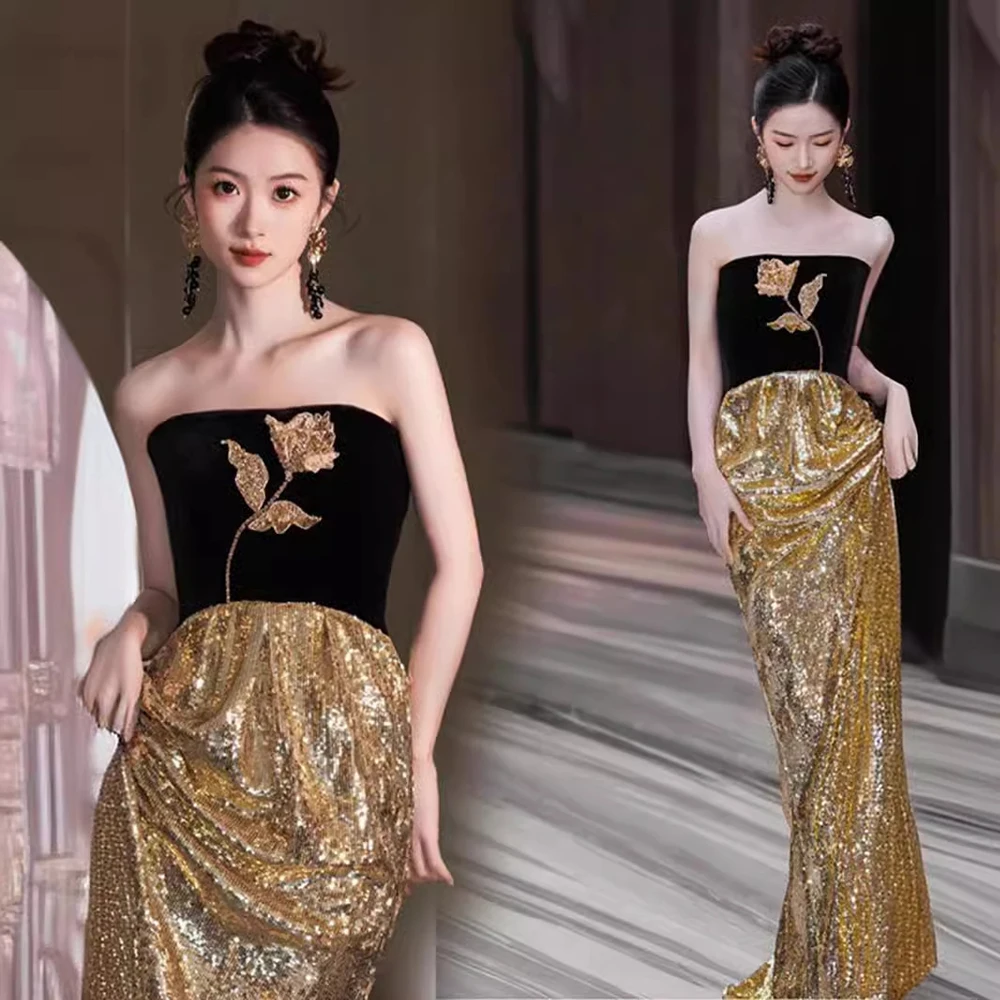 

Women Formal Dress Luxury Black and gold Sequin Evening Dresses Strapless Toast Banquet Performance Host's Dress Female Gown