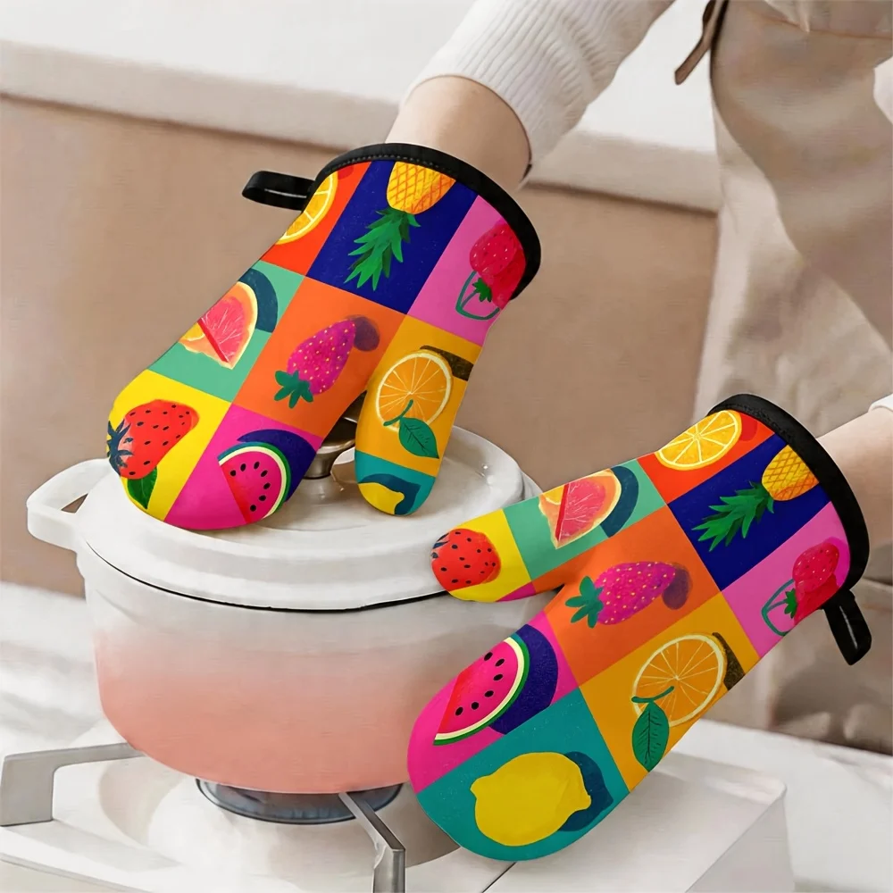 1 Set of 2pcs Colorful Fruit Patchwork Oven Mitts, Featuring Retro Geometric Designs of Peaches, Strawberries, Lemons
