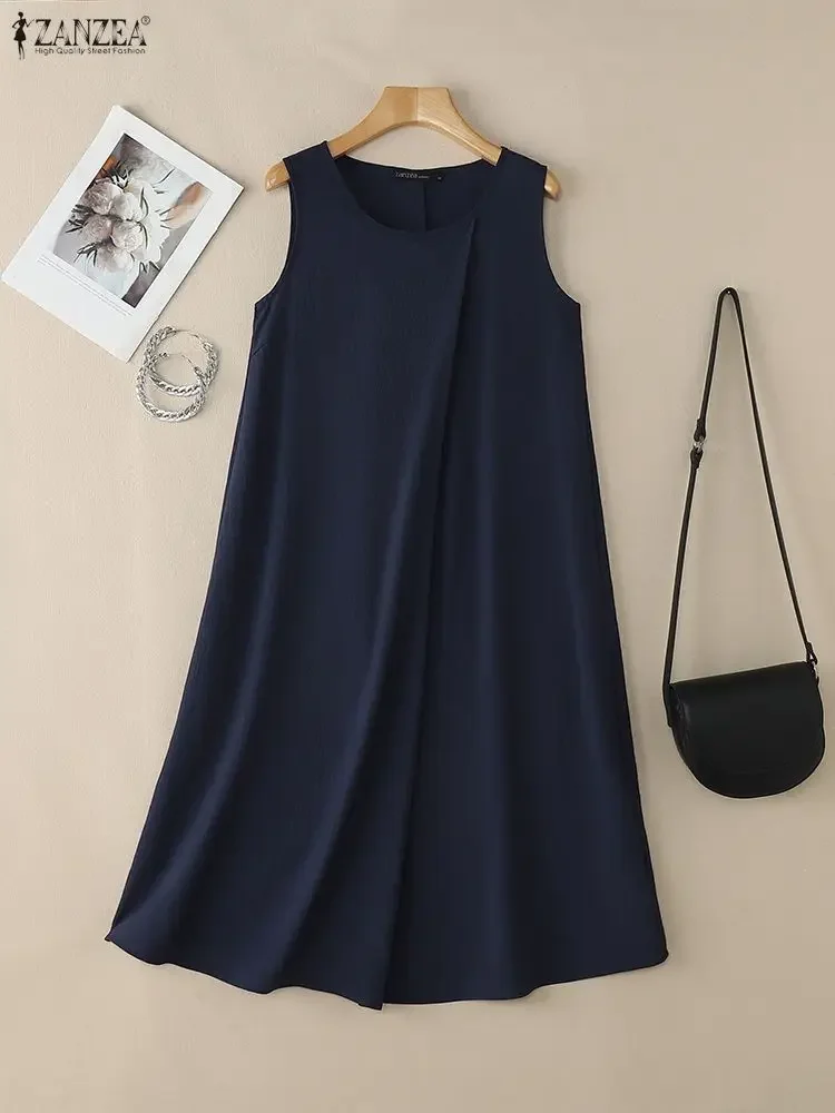 2025 ZANZEA Sexy Women Sleeveless Summer Dresses Fashion Pleated Solid Color Midi Vestidos Vintage Casual Loose Long Shirt Robe