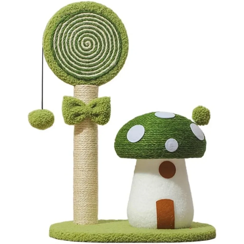 

Зеленое кошачье дерево в форме гриба с сизалевыми столбиками и платформой-леденцом для лазания в помещении