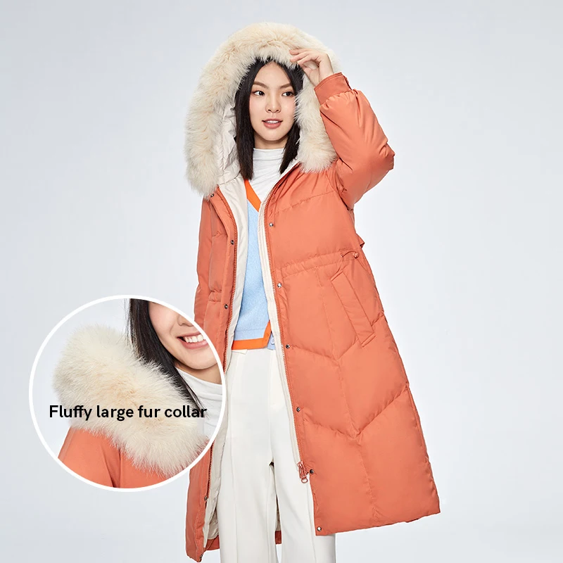 Chericom Goose Down Women's Down Jacket Fur Collar Thick Windproof Puffer Coat Skinny Hooded Mid Length Padded Jacket 268156