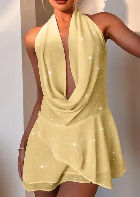 Damesjurken 2023 Lente Zomer Nieuwe Elegante Effen Kleur Halter Diepe V-hals Sexy Backless Lace Up Casual Ruches Mini-jurk