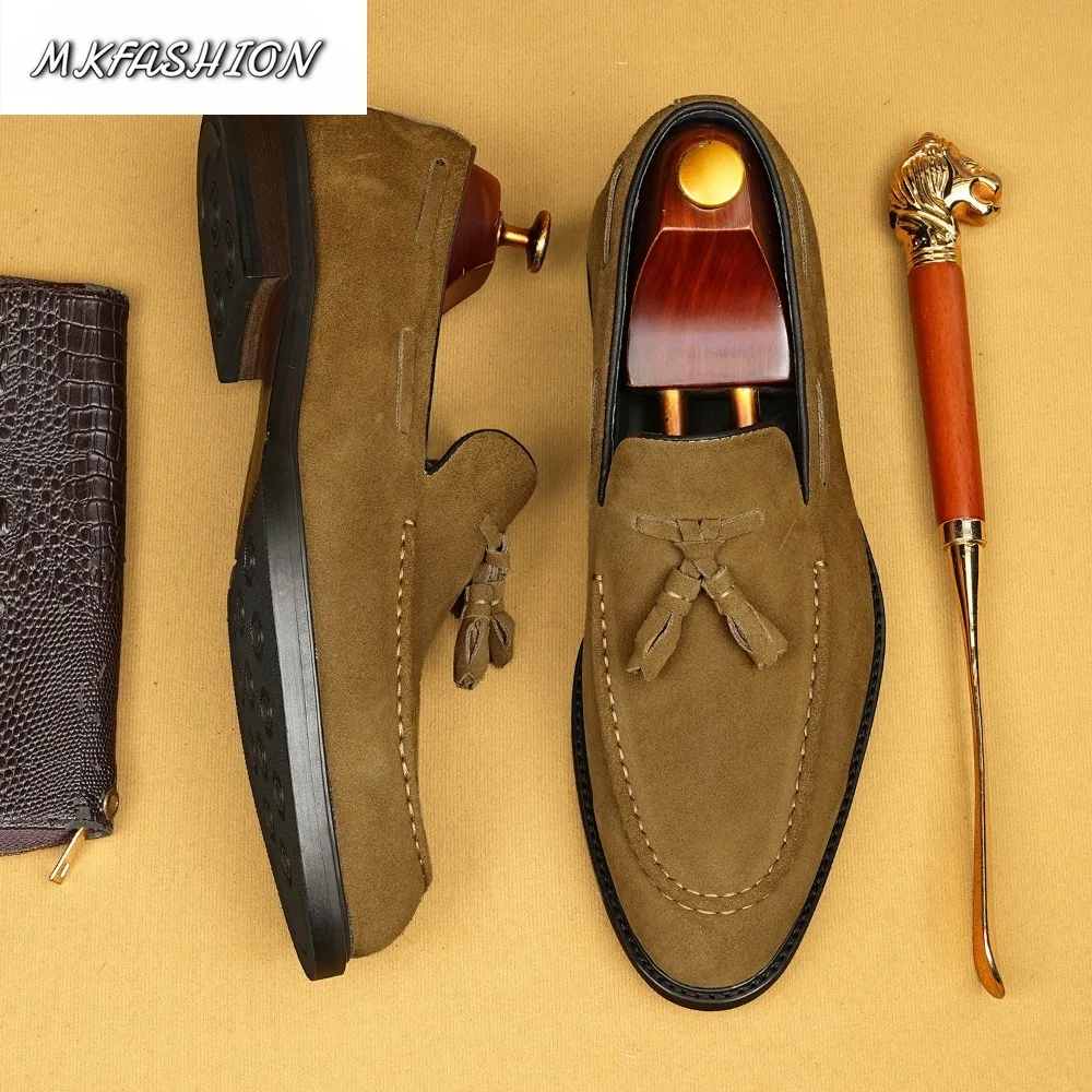 Retro Men's Casual Dress Cow Suede Shoes Slip On Flats with Tassel Wedding Shoes Male Footwear