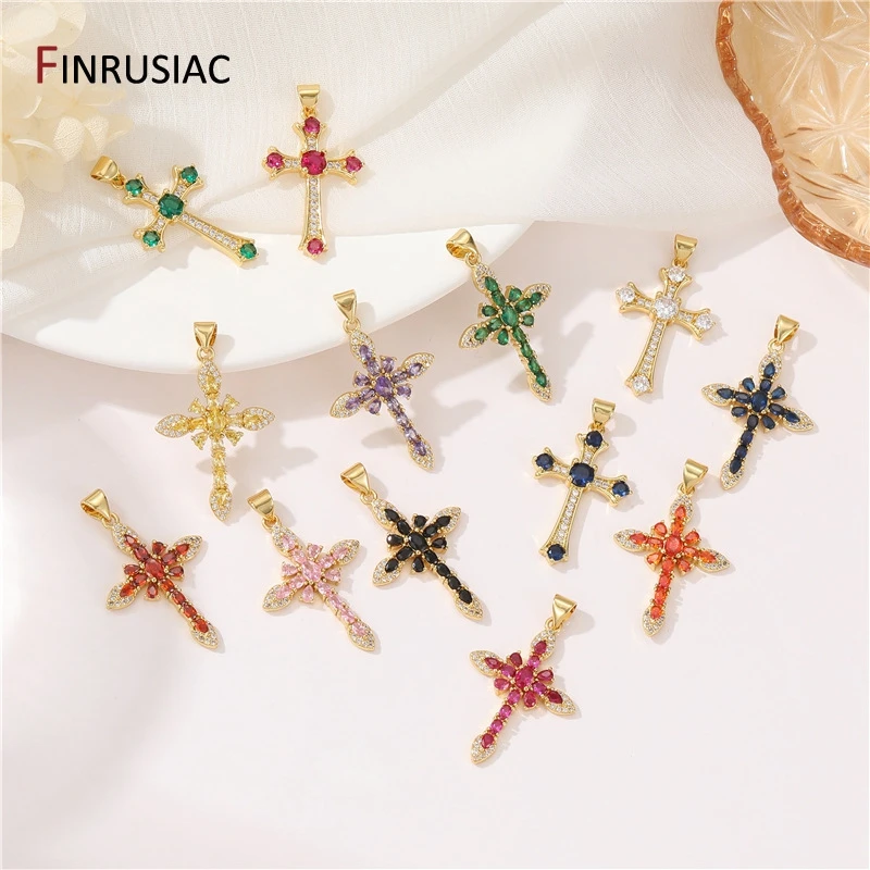 14K Gold Plated Brass Inlaid Zircon Colourful Cross Charms For DIY Religious Faith Charm Necklace Jewelry Making Accessories