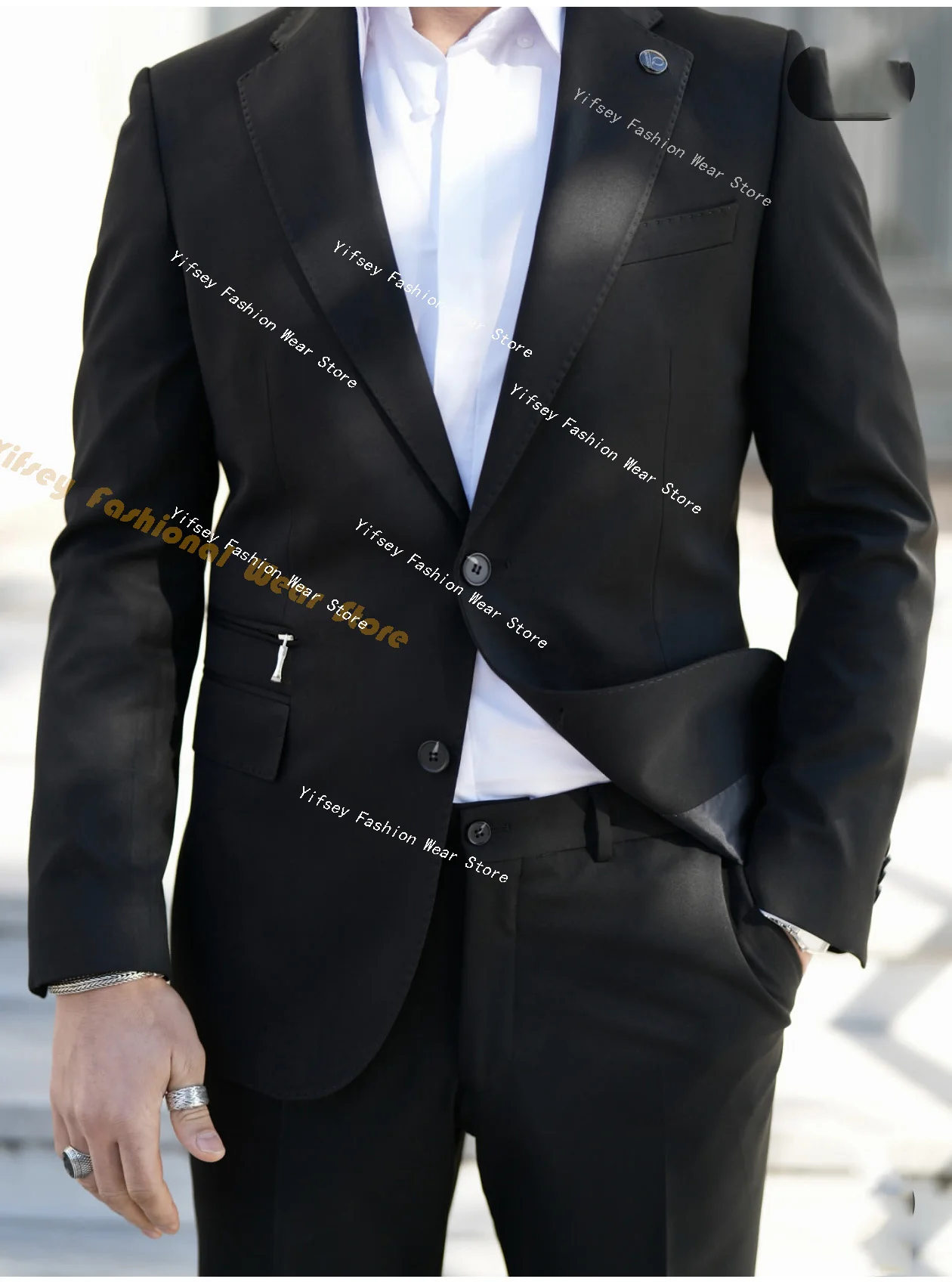 

Black Notched Lapel Blazer Trousers Sets Male Clothing Wedding Groom Dress Tuxedo Tailored Made Jacket Pant Wear Zippered Pocket