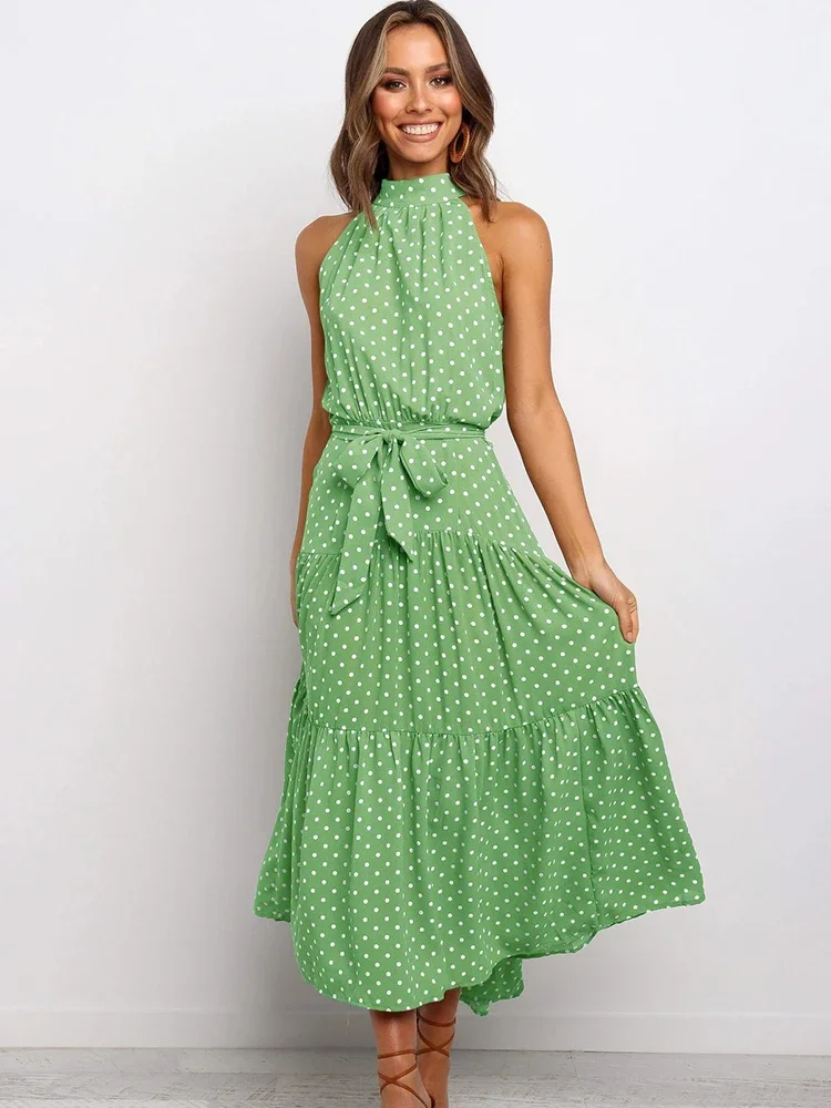 Vestido longo de verão, bolinhas, vestidos casuais, preto, sexy, halter, sem alças, novo, 2022, amarelo, roupas de férias para mulheres