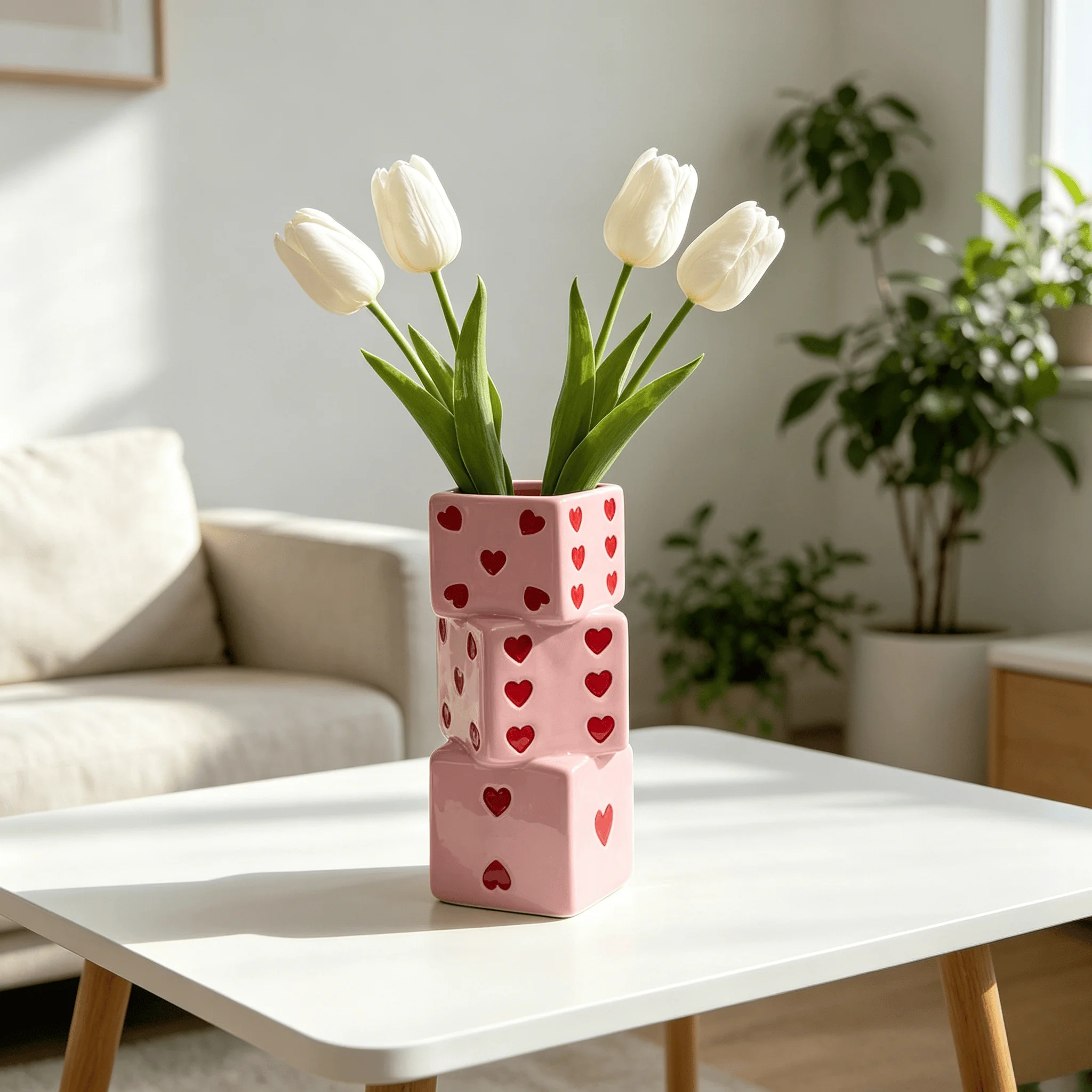 Niedliche, herzförmige Keramik-Würfel-Vase in Pink, gestapelt, dekoratives Wohnaccessoire für Wohnzimmer und Bücherregale