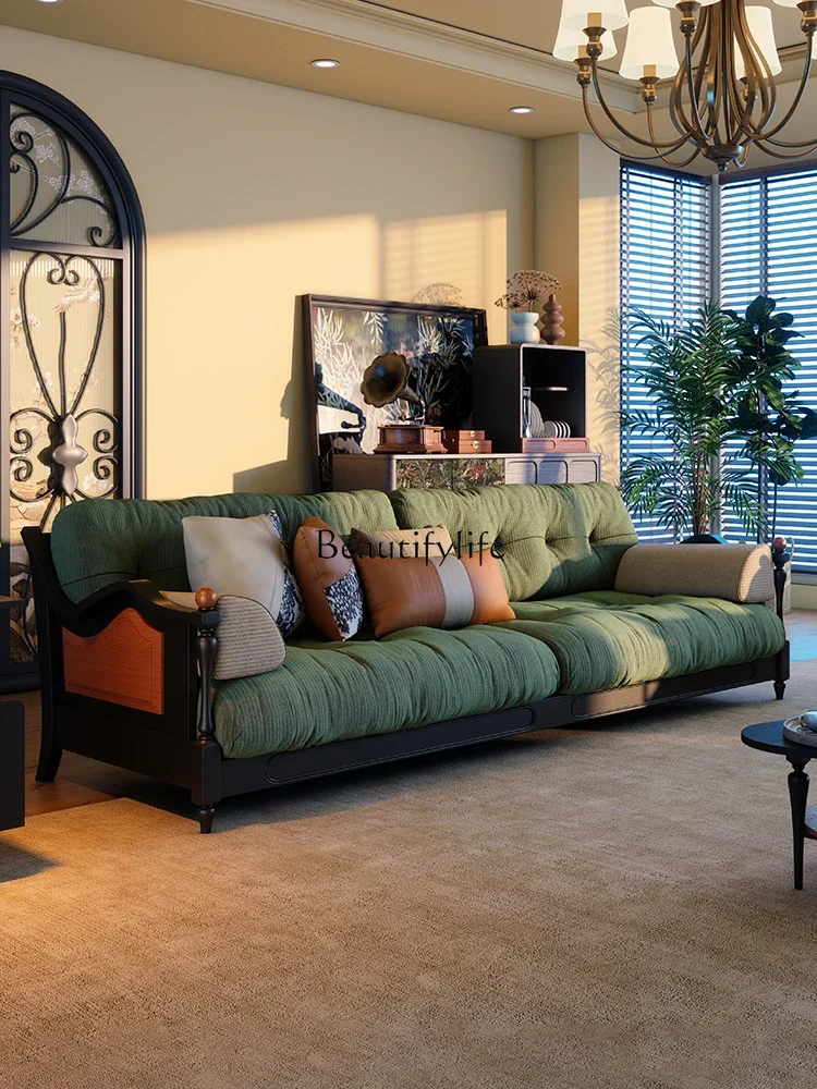 

FG43*Fabric sofa French retro style small apartment living room corduroy solid wood three-person straight row sofa