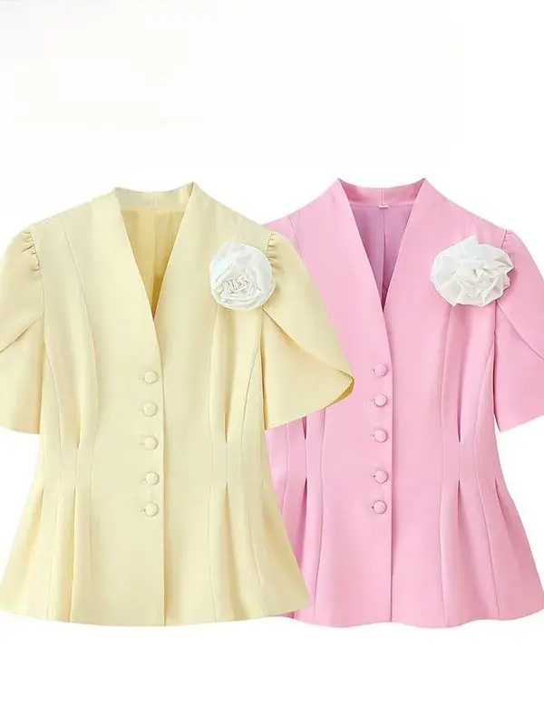 

Elegant Short Sleeve Suit Top Women's Fashion Slim Fit Waist Cinched Versatile Polyester Fiber Western Style Spring 2026