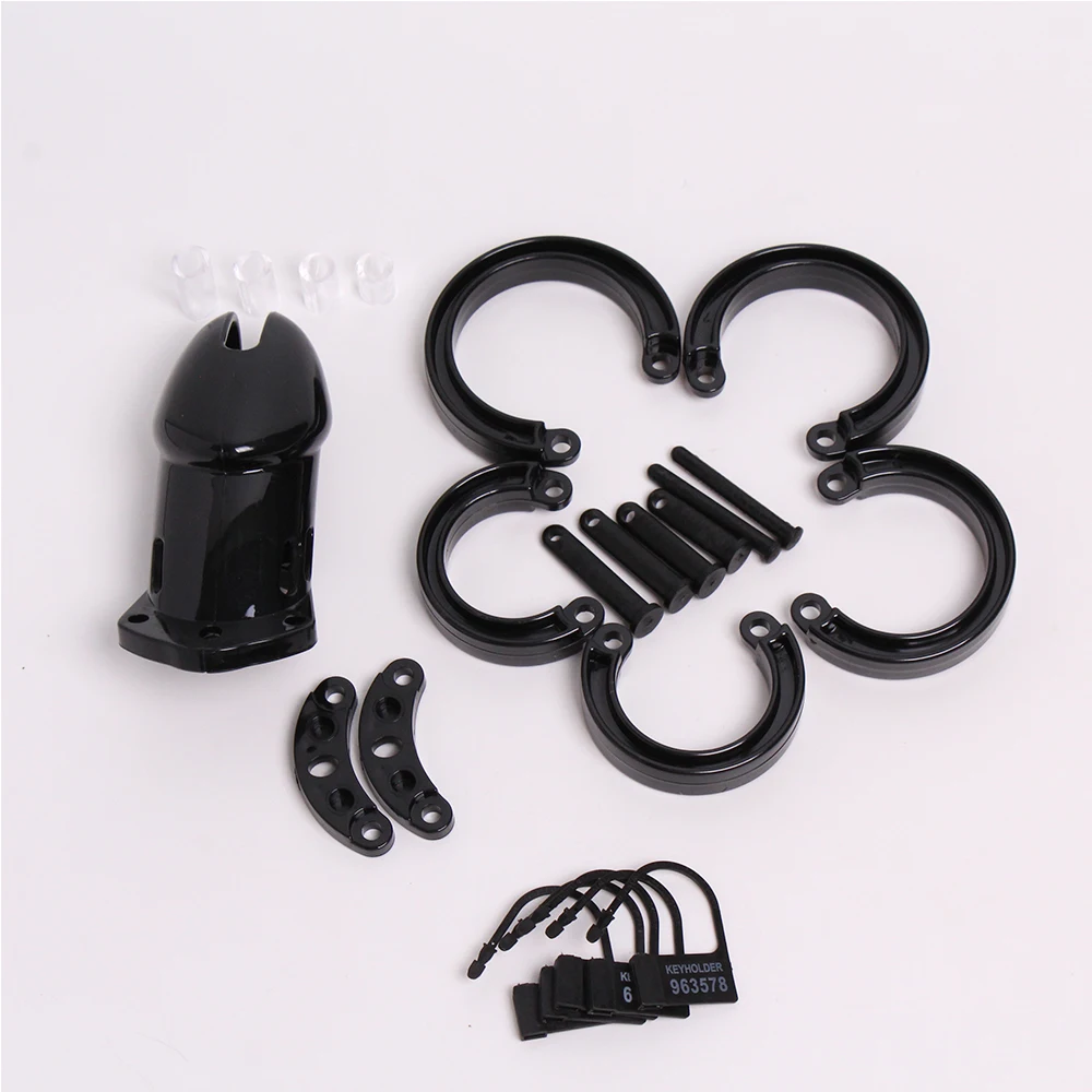 Dispositivo di castità maschile in plastica Gabbia per cazzi piccola/standard con anelli per pene di 5 dimensioni Gabbia di castità con serratura Giocattoli sessuali per uomini adulti