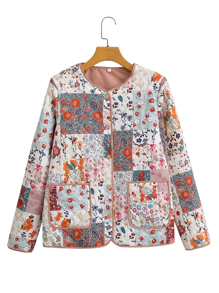 Autumn Women Long Sleeve O Neck Patchwork Floral Print Quilted Jacket Coat