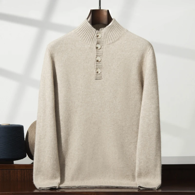 ZOCEPT Winter Thicken Cashmere Sweater for Men Knitted New Casual Warm Button Placket Pure Cashmere Pullover Mock Neck Sweater