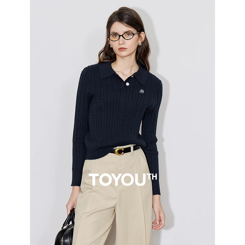 TOYOUTH Women Knitwear 2024 Autumn New Twisted POLO Turn Down Collar Long Sleeve Slim Fit Pullover Sweater Top