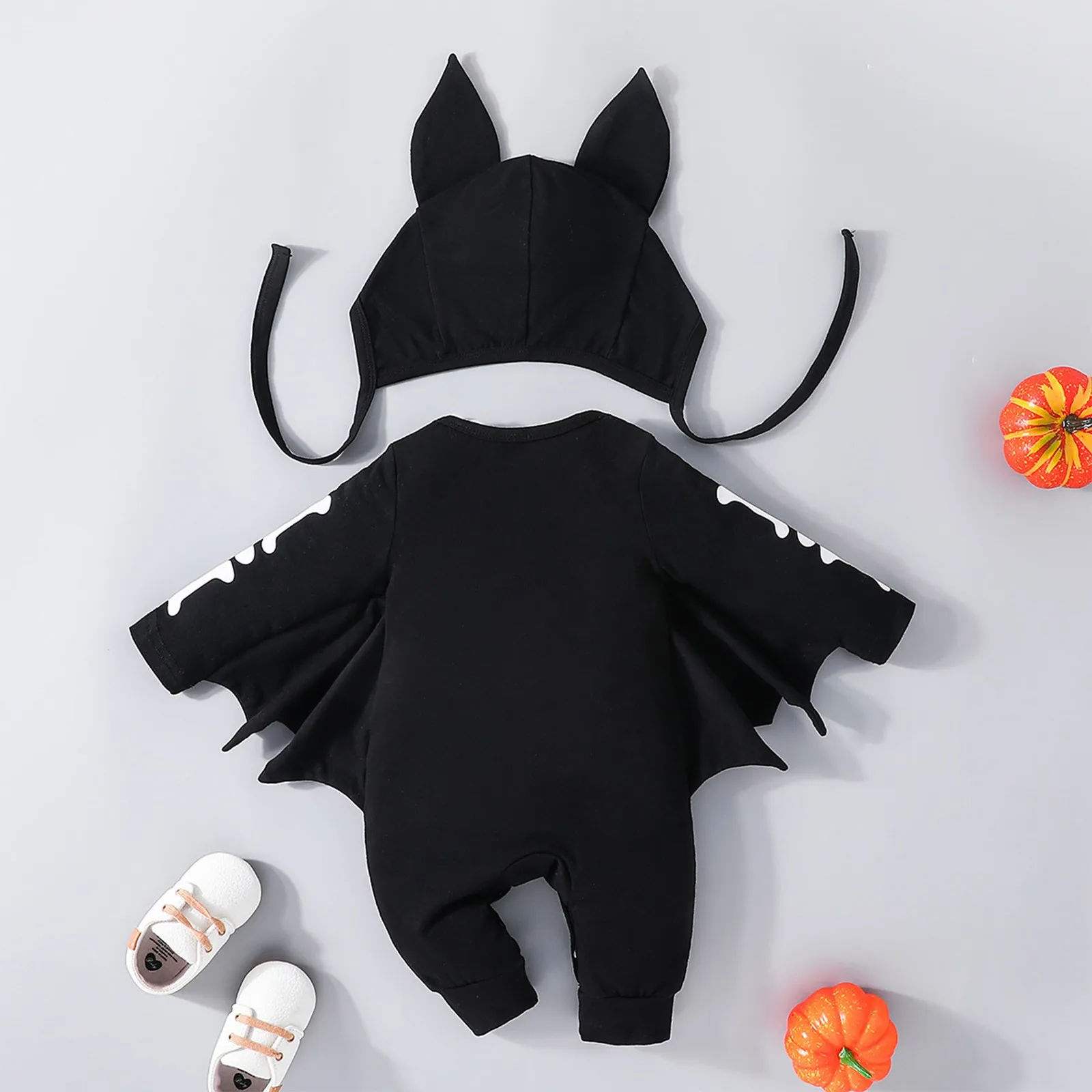 Halloweenowy Baby Boy nietoperz kombinezon noworodek kombinezon jednoczęściowy dla małego dziecka długi rękaw szkielet kostiumy kombinezon Romper + czapka Imp Halloween