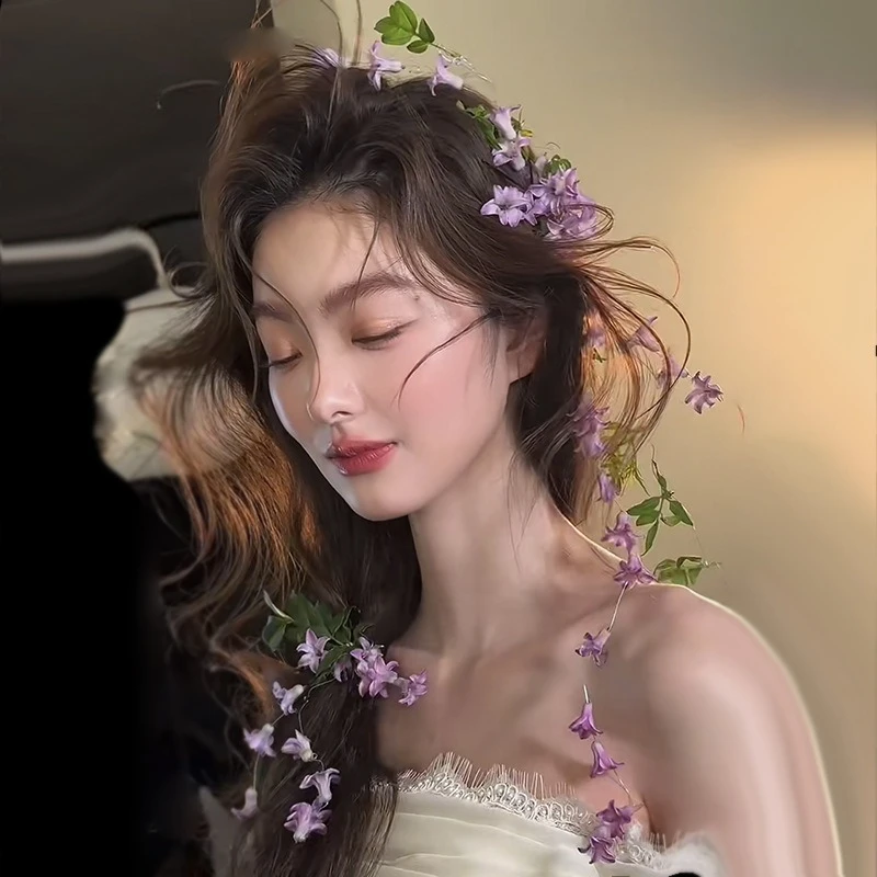

fairy simulation wind chimes, flower hairpins, bride fresh purple floral fairy knot wedding dress headgear