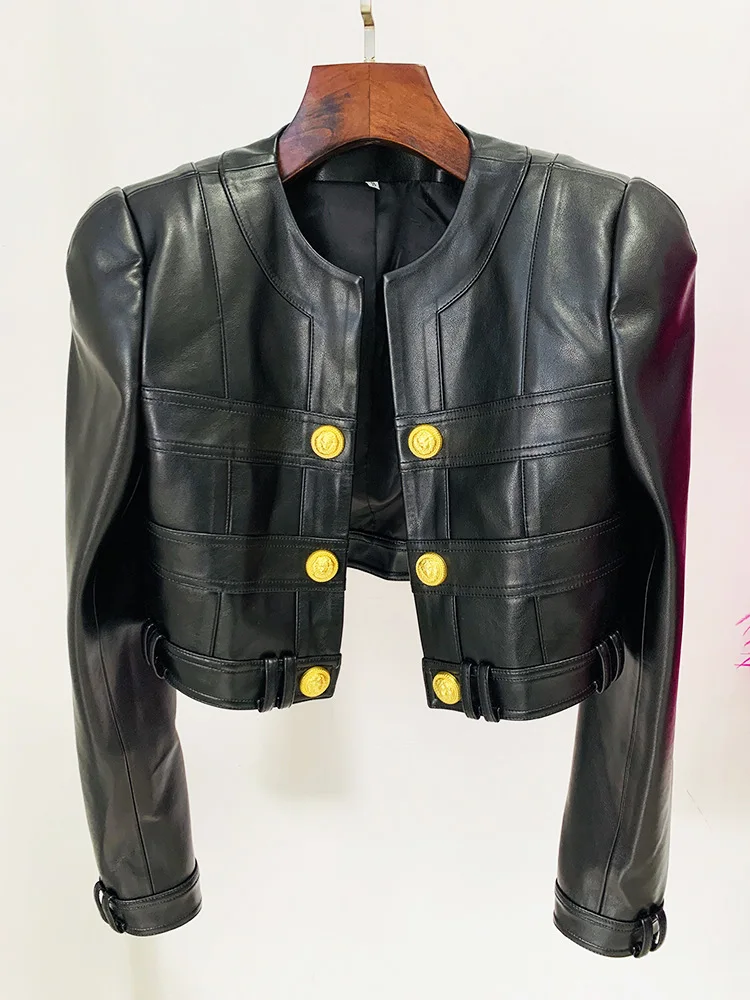 Black PU Leather Jacket Skirt 2023 New Designer Round Neck Gold Lion Button Short Leather Coat Suit Vacation Outfit Jacket Women