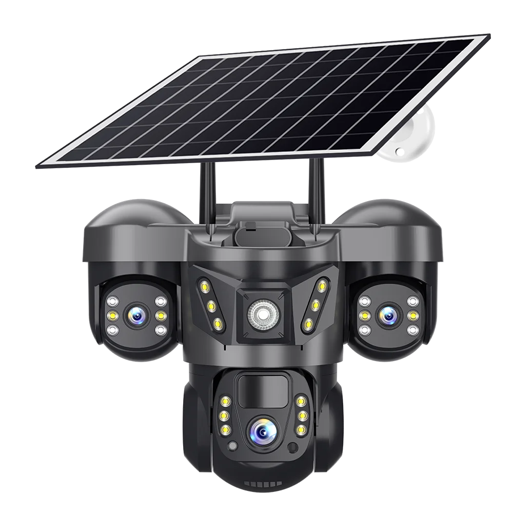 Câmera de vigilância externa movida a energia solar V380: três telas verdadeiras, multi-lentes, mais vendidas, sem eletricidade, sem rede solar Mo