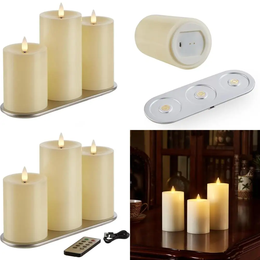 

Remote-Controlled LED Pillar Candle with Timer, 3D Realistic Wax, Ivory Color, Sizes 3x4, 5x4, 6x4