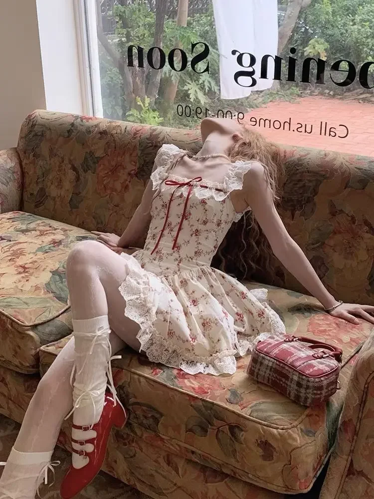 

New High-end Designed Niche French Pastoral Style Floral Lace Suspender Dress and Comfortable Coat 2 Piece Sets Womens Outfits