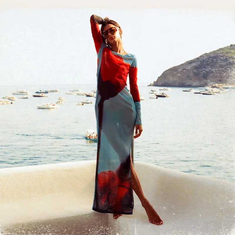 New Summer Sexy Cover-Ups Sheer Mesh Long Dress for Women Fashion Print Side Split Bikini Long Sleeve Slim Fit Beach Dresses