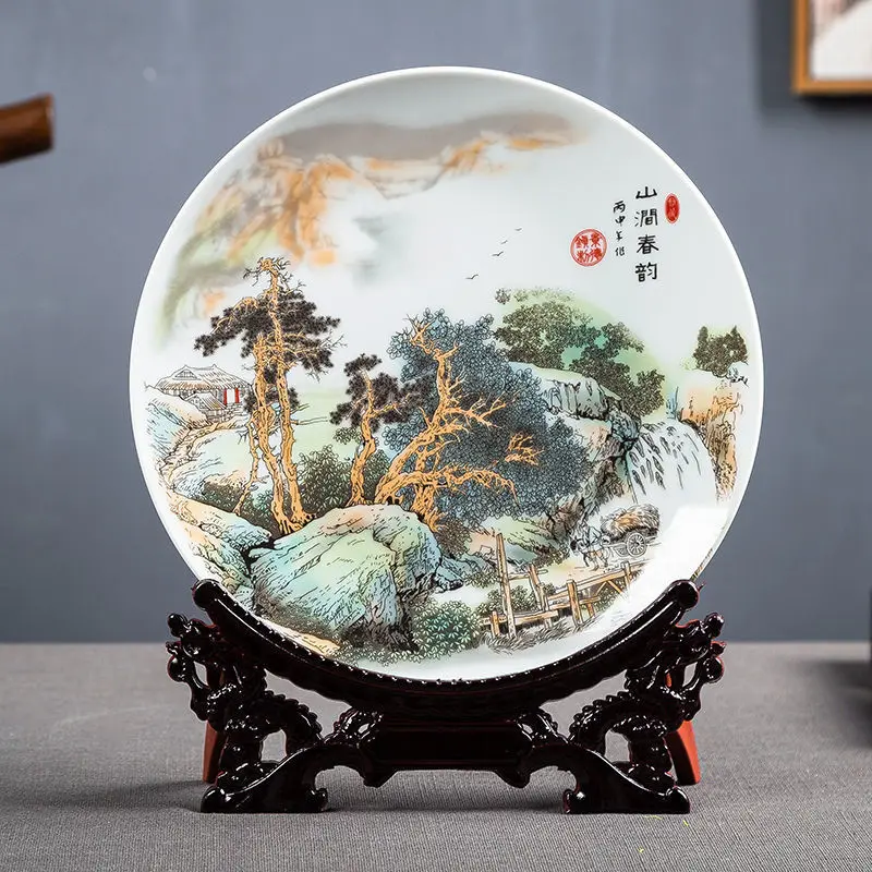 Jingdezhen Ceramic Plate, Chinese Blue White Porcelain Sculpture, Oriental Display Ornaments for Home Living Room Office