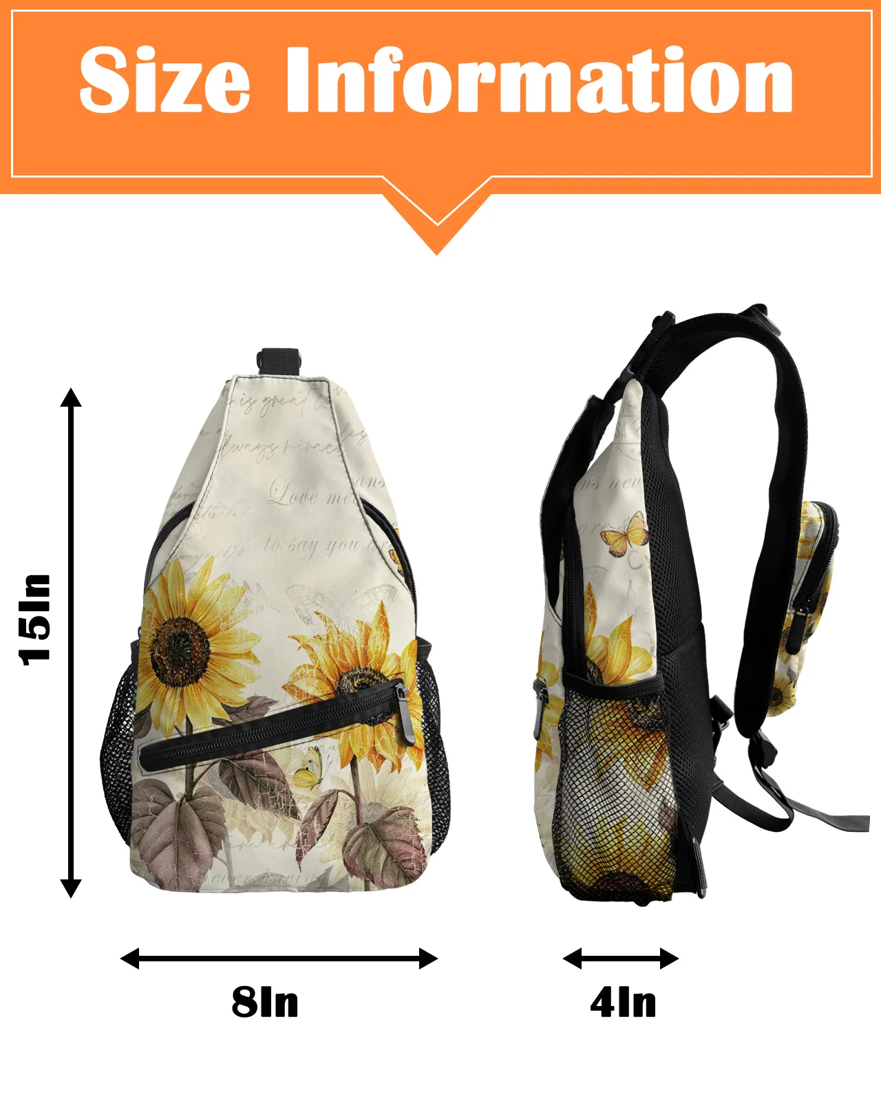 Bolsa de peito impermeável masculina, borboleta amarela girassol de flores vintage, bolsa de ombro para esportes ao ar livre, moda casual