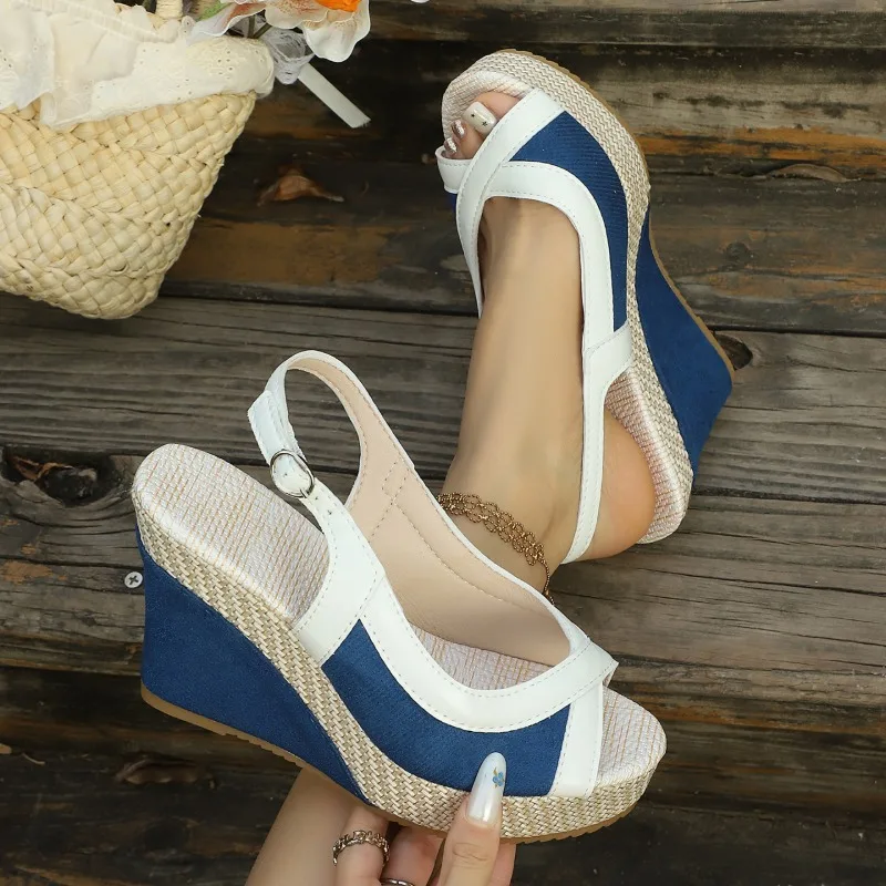 Summer New Buckle Strap Wedges Sandals for Women 2026 Fashion Color Block Fish Mouth Thick Sole Women Shoes Сандалии Для Девочек