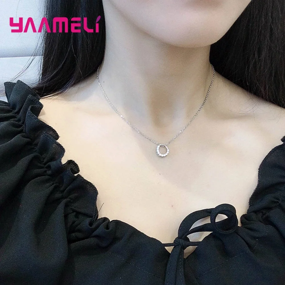 Hot Sale Sparkling Crystal Paved Hollow Round Circle Pendant Necklace For Women Girls Real 925 Sterling SilverJewelry Wedding