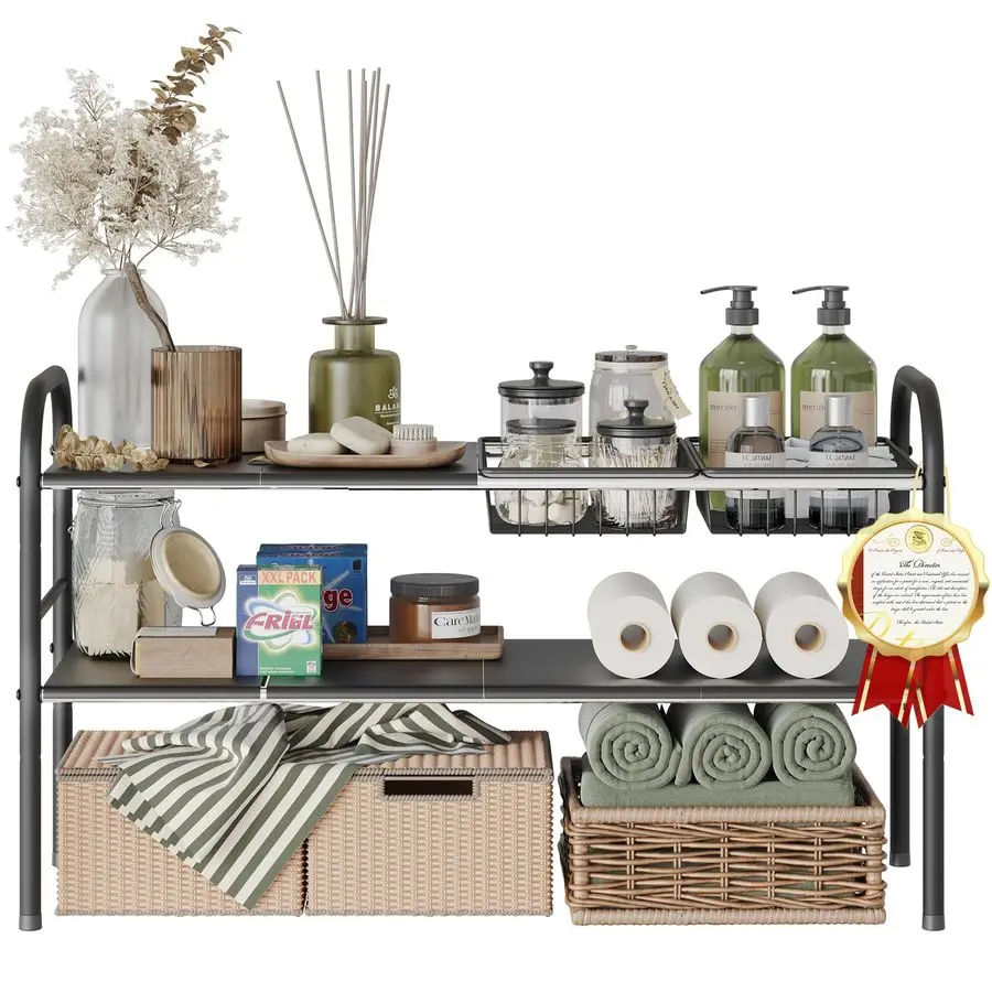 

Органайзеры и системы хранения под раковиной, 2-уровневая расширяемая полка-органайзер под шкаф с 2 корзинами и 6 секциями, расширяемая полка