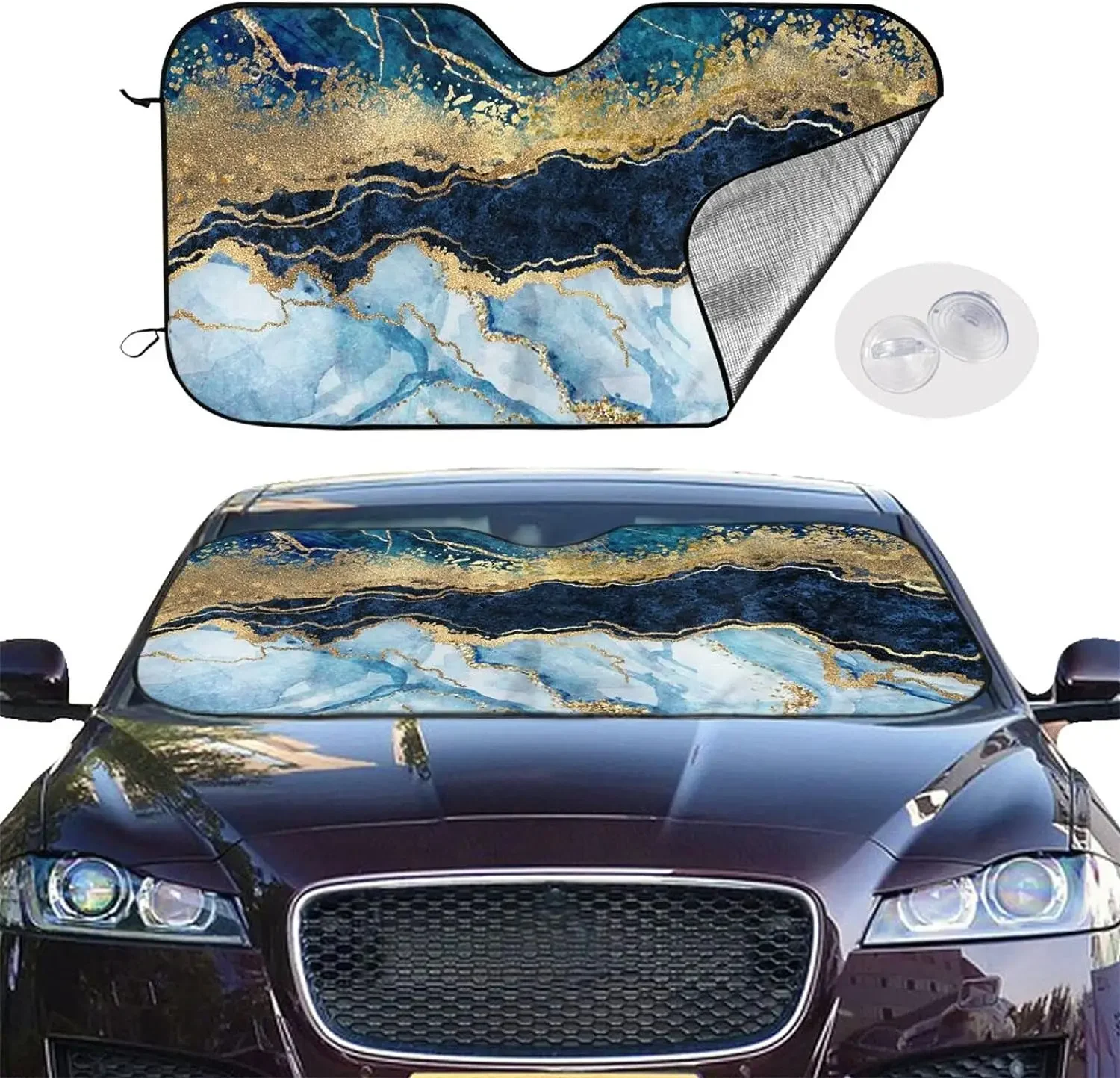 Marble Blue Golden Windshield Car Sun Shade Front Window Sunshade for Most Sedans SUV Blocks Max Uv Rays Keep Your Vehicle Cool