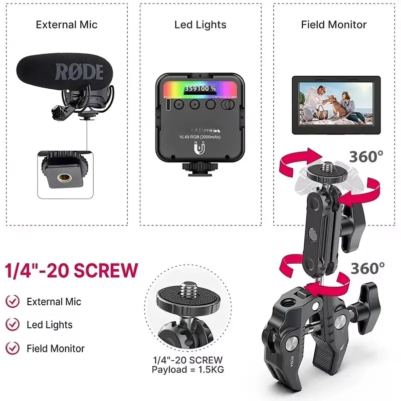 U-lanzi R094 Metalowy super zacisk z podwójną głowicą kulową Magiczny zacisk ramienia z otworem 1/4" 3/8" do aparatu DSLR Monitor Światło Mikrofon Mocowanie — zdjęcie produktu 5