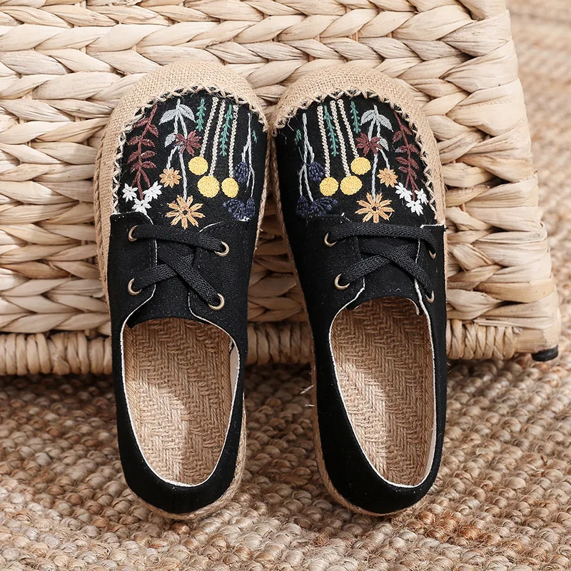 Women's Embroidered Linen Shoes New Ethnic Style Non-slip Comfort Loafers Flowers Thick Bottom Lace Up Flats Sapato Femininas