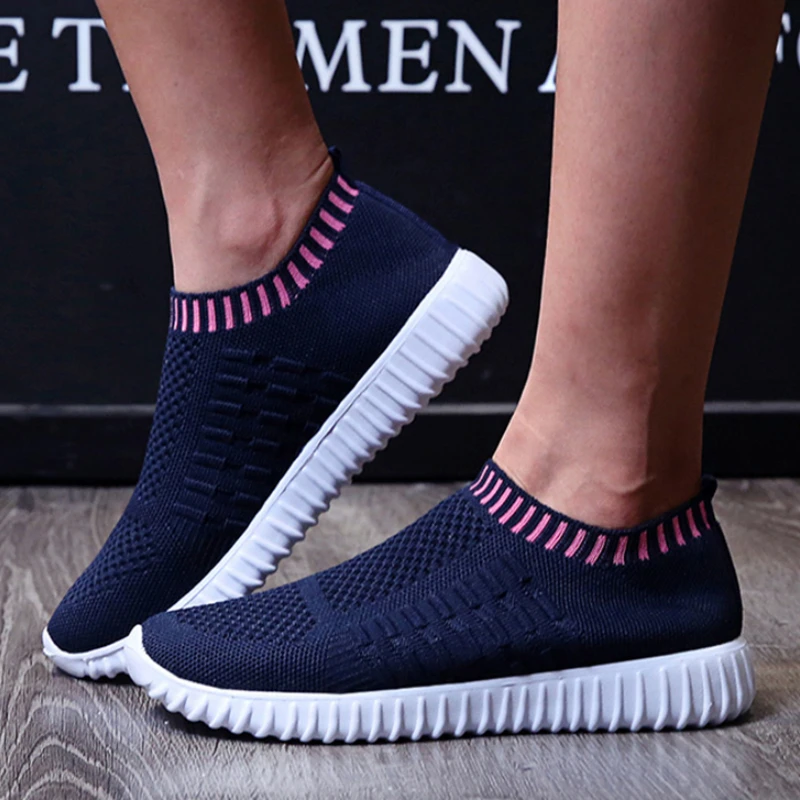 Rimocy Soft Bottom Knitting Sneakers Women Slip-on Breathable Mesh Flats Shoes Woman Non-slip Plus Size 43 Sock Shoes Platform