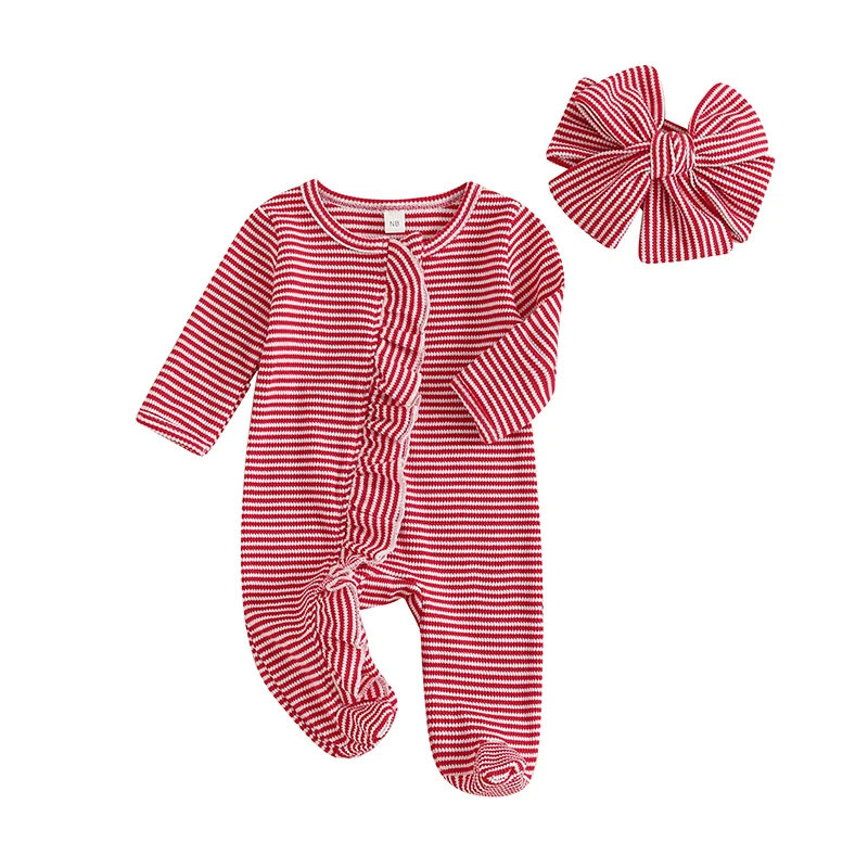 

Newborn Baby Girl Footed Romper Stripe Print Long Sleeve Ruffled Zipper Jumpsuit with Headband for Fall