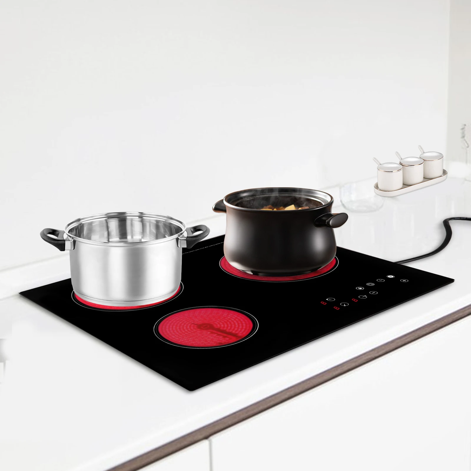 

Electric Cooktop 3 Burners, 110v Electric Stove 23.2 Inch Built-In Countertop Ceramic Stove Top with LCD Touch & Knob Control