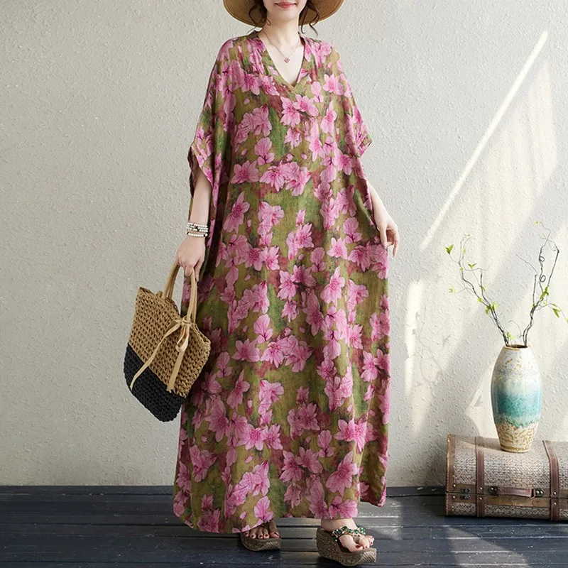 

Women Casual Long Dress New Arrival 2024 Summer Vintage Style V-neck Floral Print Loose Female Cotton Holiday Dresses B3707