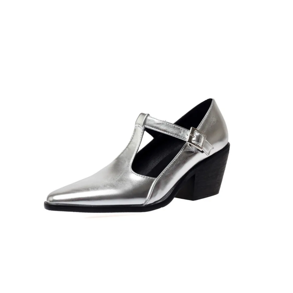 

Женские туфли-лодочки BLXQPYT на толстом каблуке с заостренным носком и Т-образным ремешком с пряжкой, удобные для вечеринок, офиса, свадьбы, большие размеры 46, модель 2401-2