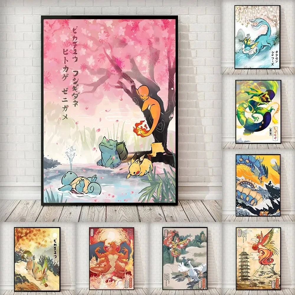 Pokemon Peripherals Posters Pikachu Rayquaza Gyarados Charizard Anime Action Figures Canvas Painting Wall Decoration Poster Toys