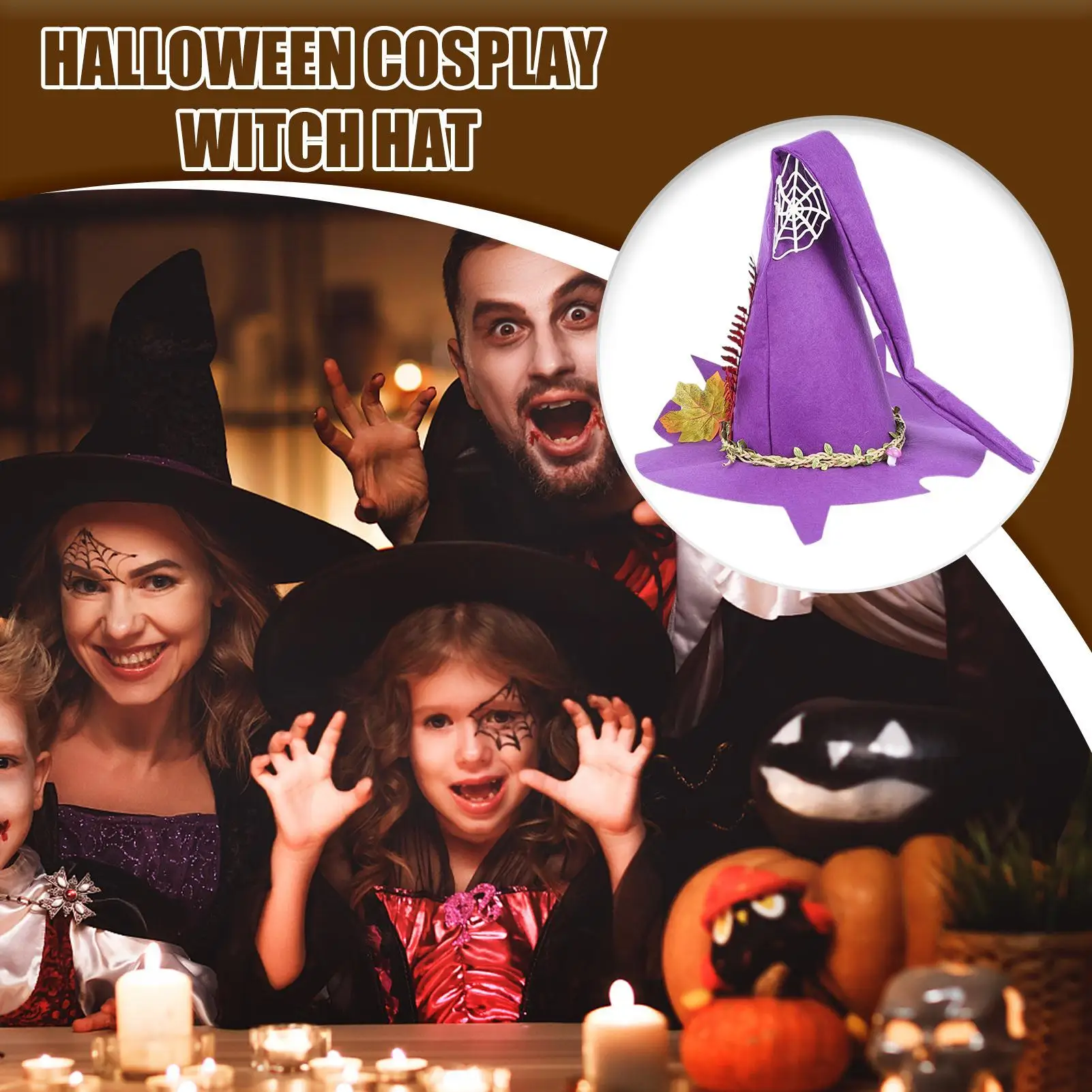 

Шляпа ведьмы на Хэллоуин, шляпа ведьмы с широкими полями и кленовыми листьями, головной убор для косплея, наряд для вечеринки, женщин, взрослых, фотосессии, сцены