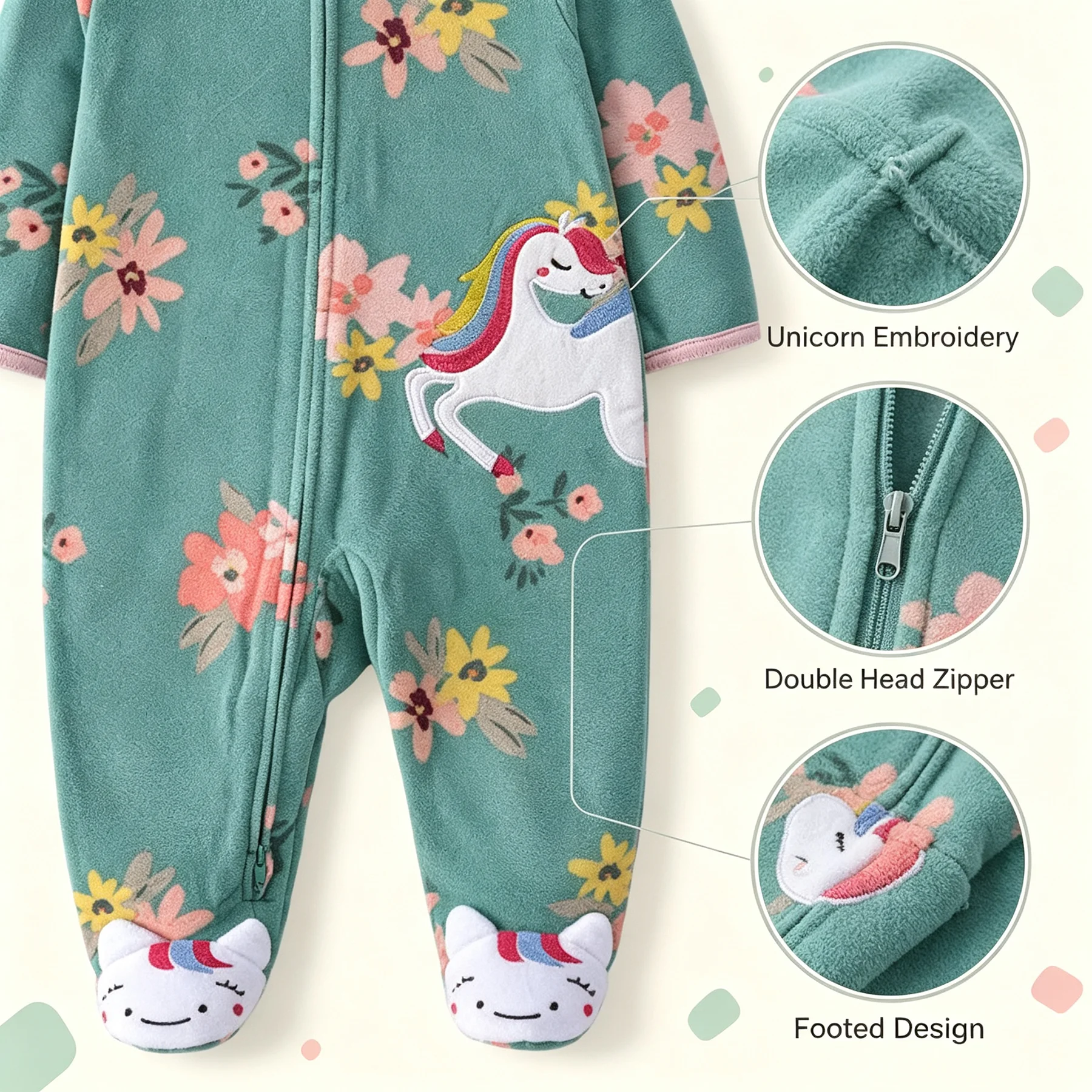Infant Polar Fleece Footed Jumpsuit Unicorn Embroidery Floral Baby Zipper Bodysuit 3~12 Months