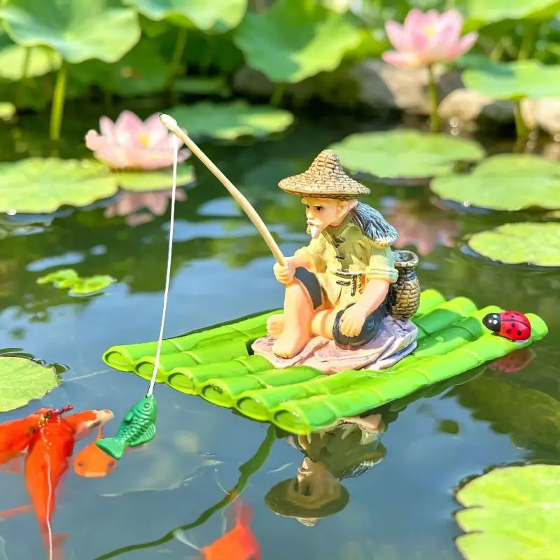 Floating Bamboo Raft Fishing Ornament Feeding Platform For Miniature Landscape Decoration Garden Statue Outdoor Decoration