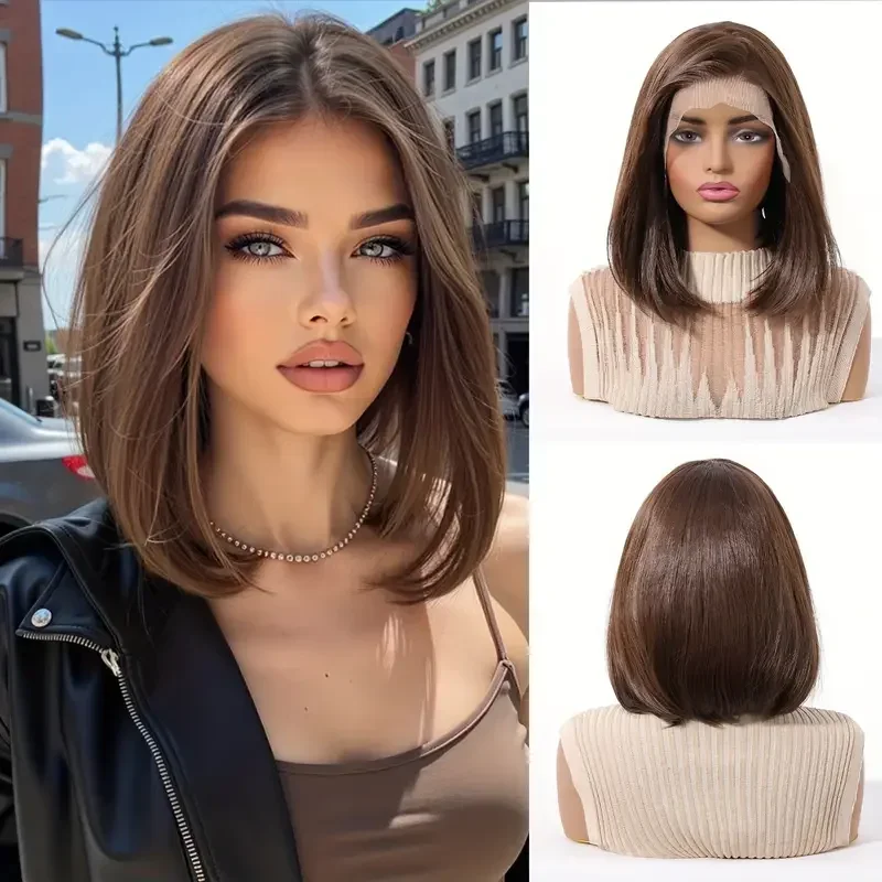 

DWY Short Straight Brown Fake Hair For Women Daily Use Natural Hairline Synthetic Bob 13*6 Transparent Lace Wig High Temperature