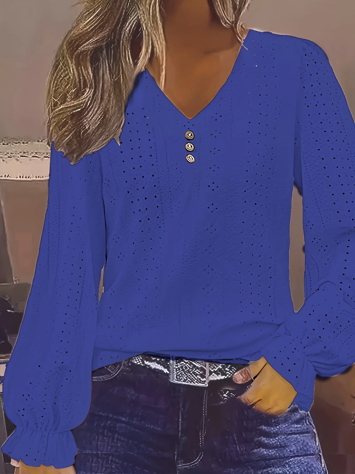 Plus Size T-Shirt mit Ösenknopf-Dekor, lässiges V-Ausschnitt-Langarm-Top für Frühling und Herbst, Damen-Kleidung in Übergröße – Detail 25