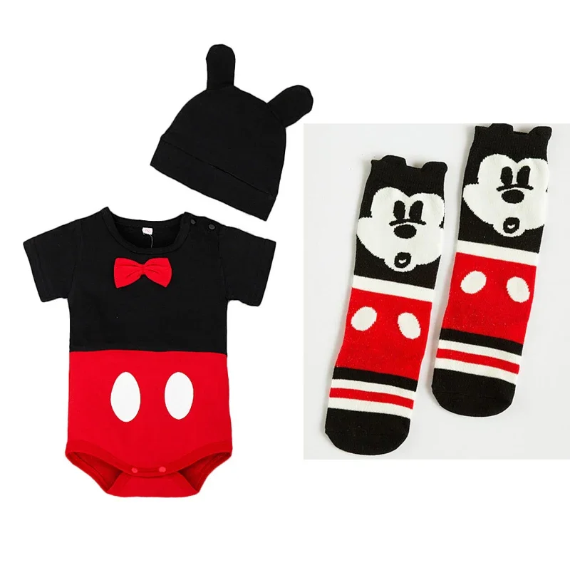 Summer Baby Boy Girl Newborn Romper Hat Short Skirt Sock 3 PCS Set Cartoon Mickey Minnie Infant Clothing Bebe Cotton Jumpsuits