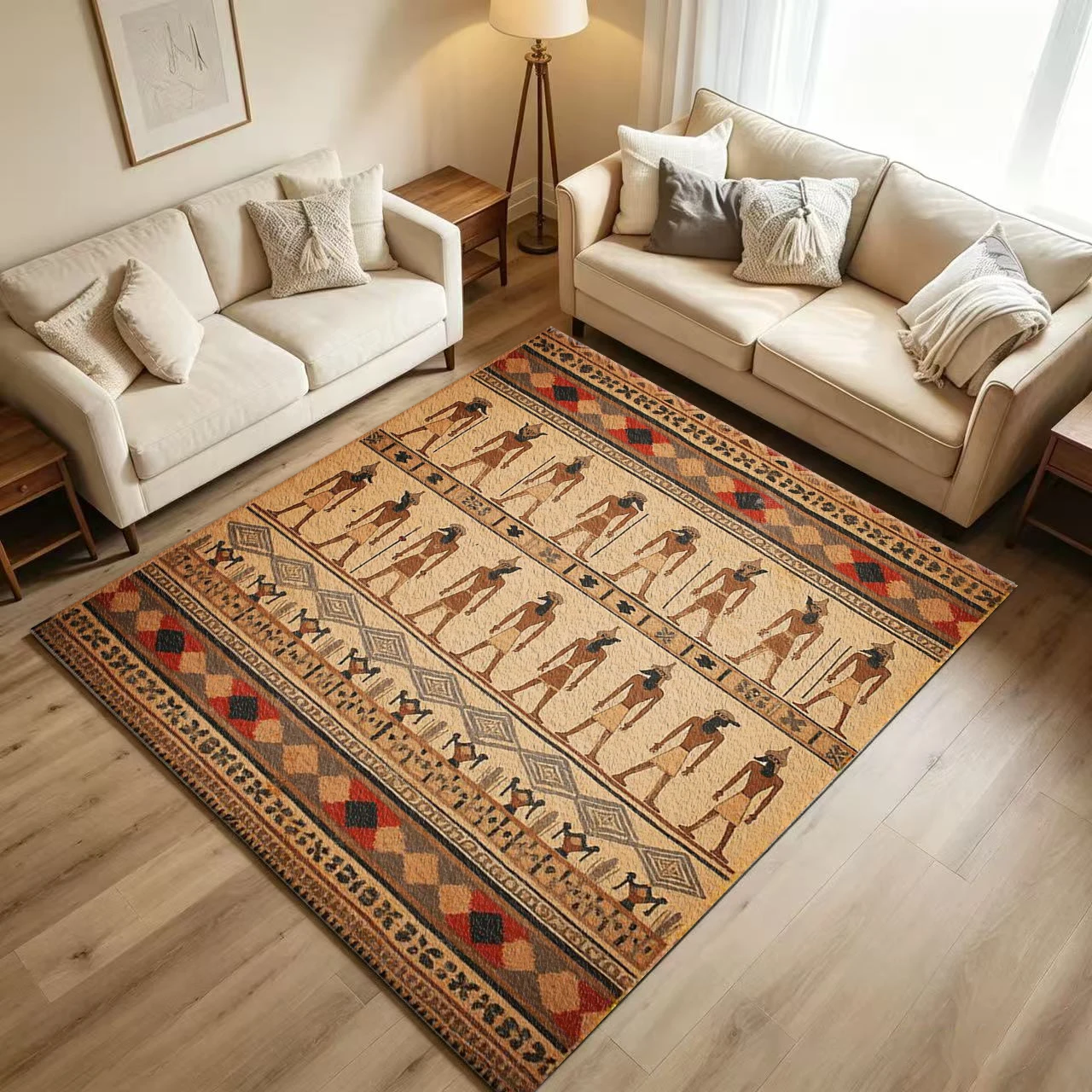 Ancient Egyptian Mural Carpet Flooring Vintage Tribal Human Figure Geometric Border Ornament Art Pattern Printed Floor Rug for Household Indoor Retro Home Room Decor