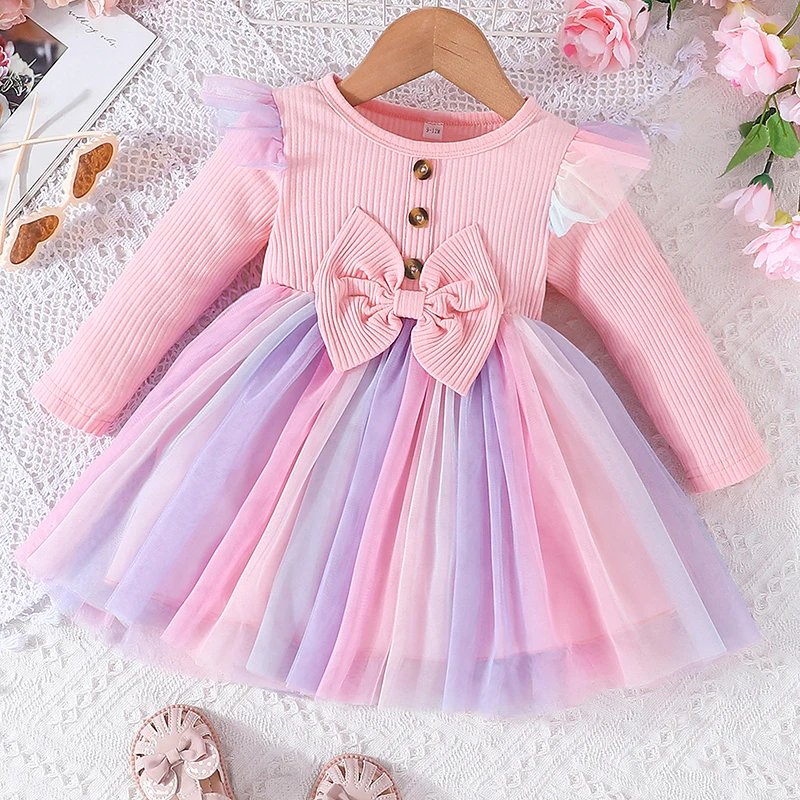 Toddler Kids Girls Spring Princess Dress Long Sleeve Ruffle Tulle Dress Patchwork Dress with Bow