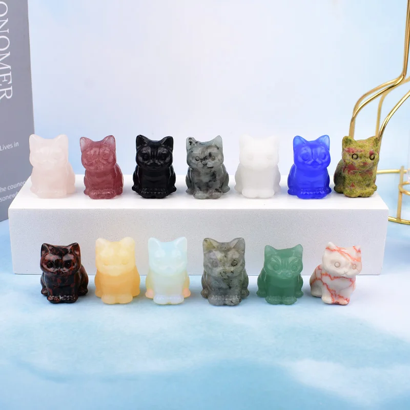 Natural Crystal Stone Cat Figurine Decoration Healing Reiki Mineral Ornaments Crafts Home Decoration DIY Gift Animal Souvenirs