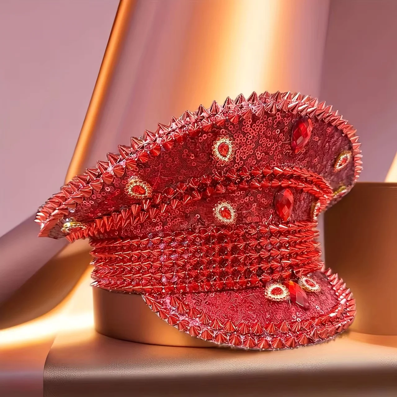 ホンルアン イエローレーザーレザーループキャプテンハット ラインストーン＆ミリタリーキャップ 女性用、レイブフェスティバルアクセサリー＆パーティーキャップ男性用